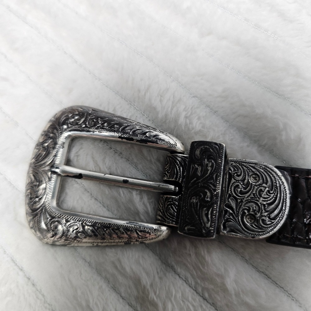 Western Leather Belt 32 Brown Croc Embossed Silver Buckle Cowboy Cowgirl Rodeo - Picture 8 of 15
